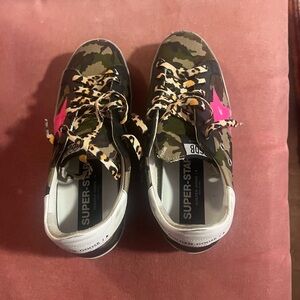 Golden Goose Camouflage Sneakers with Pink Star and Leopard Laces